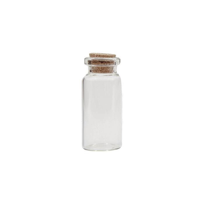 small clear jar with cork on lid