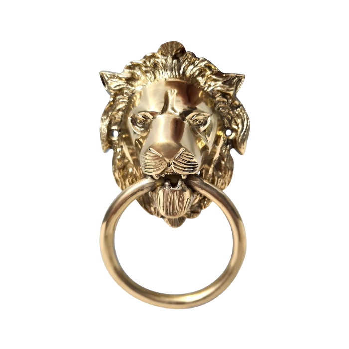 lion head door knocker in a brass finish