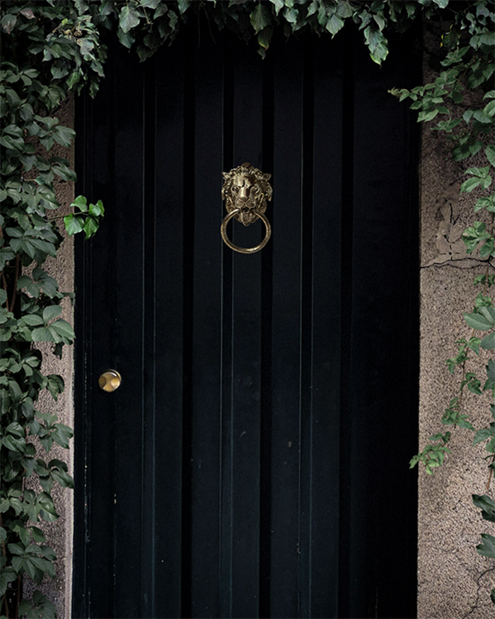 lion head door knocker on a black door for protection