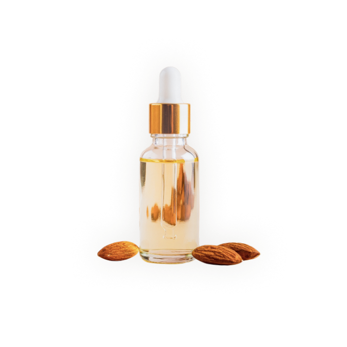 bottle of almond oil with three almonds around it