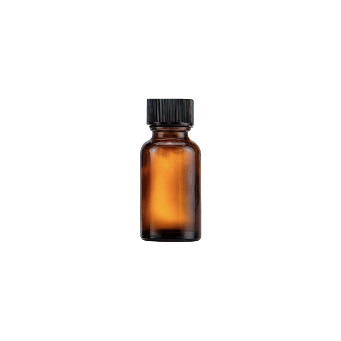 an amber oil bottle with a black screw cap