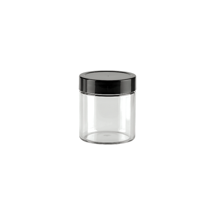small clear plastic jar with black lid