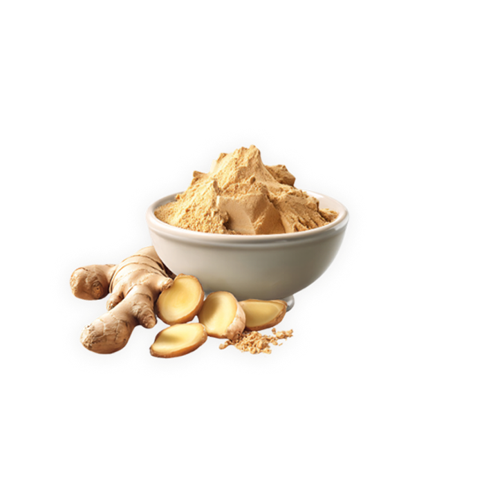 ginger root and ground ginger in a white bowl