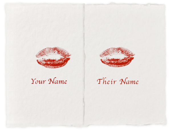 a diagram with one red kiss mark to the left with the words your name underneath next to another kiss mark on the right with the words their name underneath