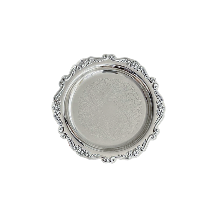 silver metal tray with ornate details