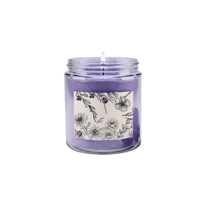 purple candle jar with floral sketch