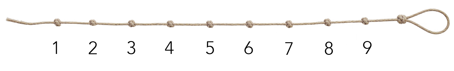 a witch's ladder numbered with nine knots from left to right with a hanging loop at the end